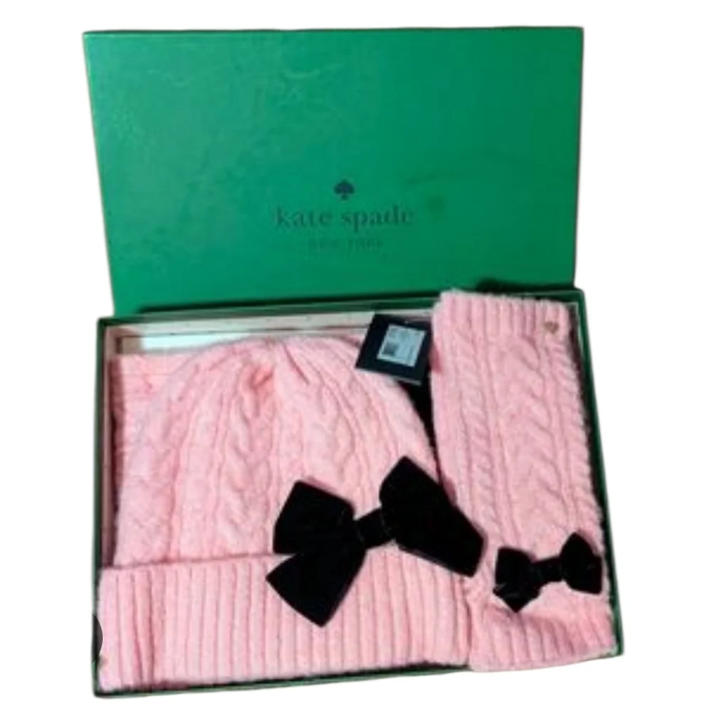 KATE SPADE 3pc Pink Knit Hat Scarf & Gloves Set with Black Bows - Picture 1 of 13